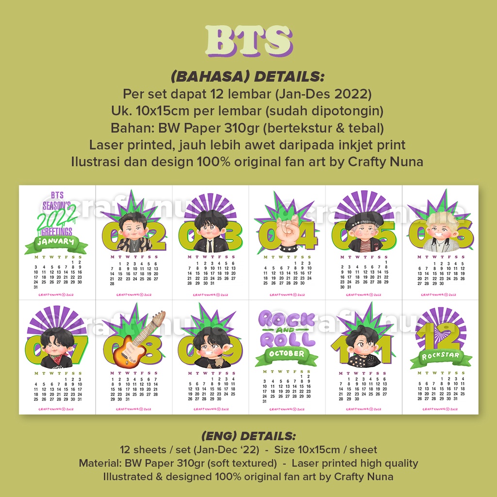 2022 FANART CALENDAR KPOP BTS NCT 127 DREAM season's greetings desk kalender meja dinding wall decor lucu aesthetic deco estetik cute cartoon kartun fanmade