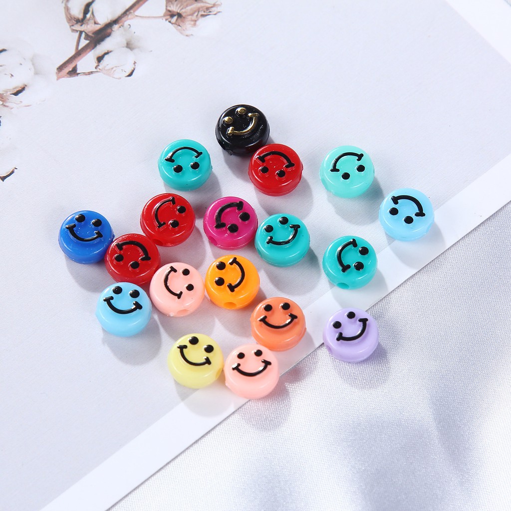 40 Pcs Manik-Manik Motif Smiley Face Warna-Warni Bahan Akrilik Ukuran 10mm Untuk Membuat Perhiasan Handmade DIY