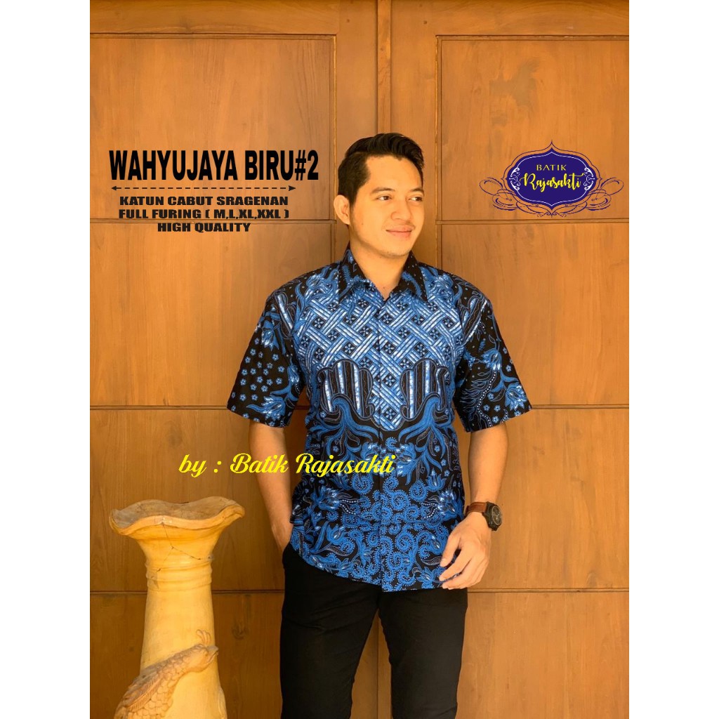 WAHYUJAYA BIRU 2 Atasan Baju Kemeja Batik Pria Lengan Pendek PREMIUM LAPIS FURING RAJASAKTI