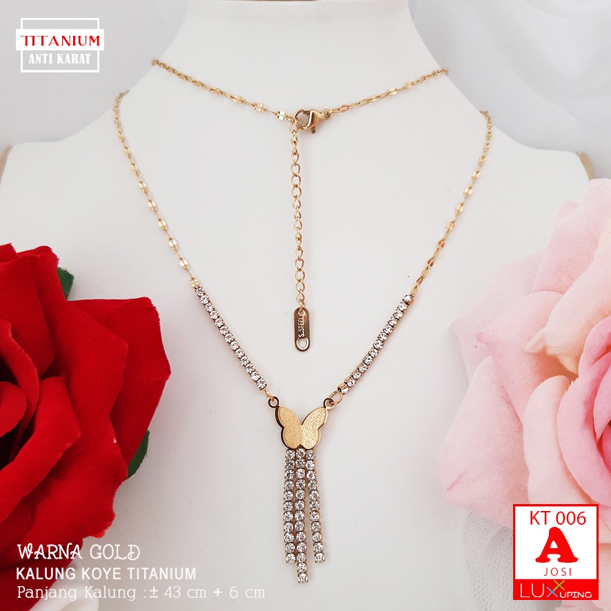 KT 006 Kalung Titanium Kupu Permata Sirkon Anti Karat Perhiasan Kalung Pesta Emas Silver Rose Gold Luxx Xuping