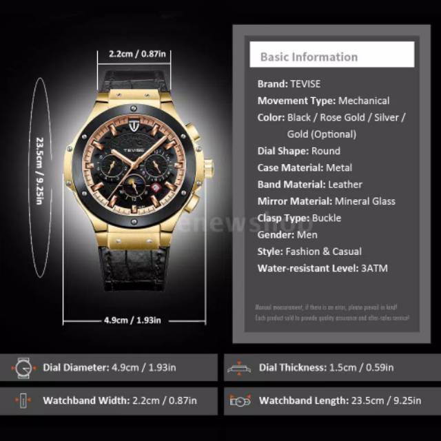 Jam Tangan Pria Mekanik Automatic Tevise Bigbang All Chrono Aktif Gold