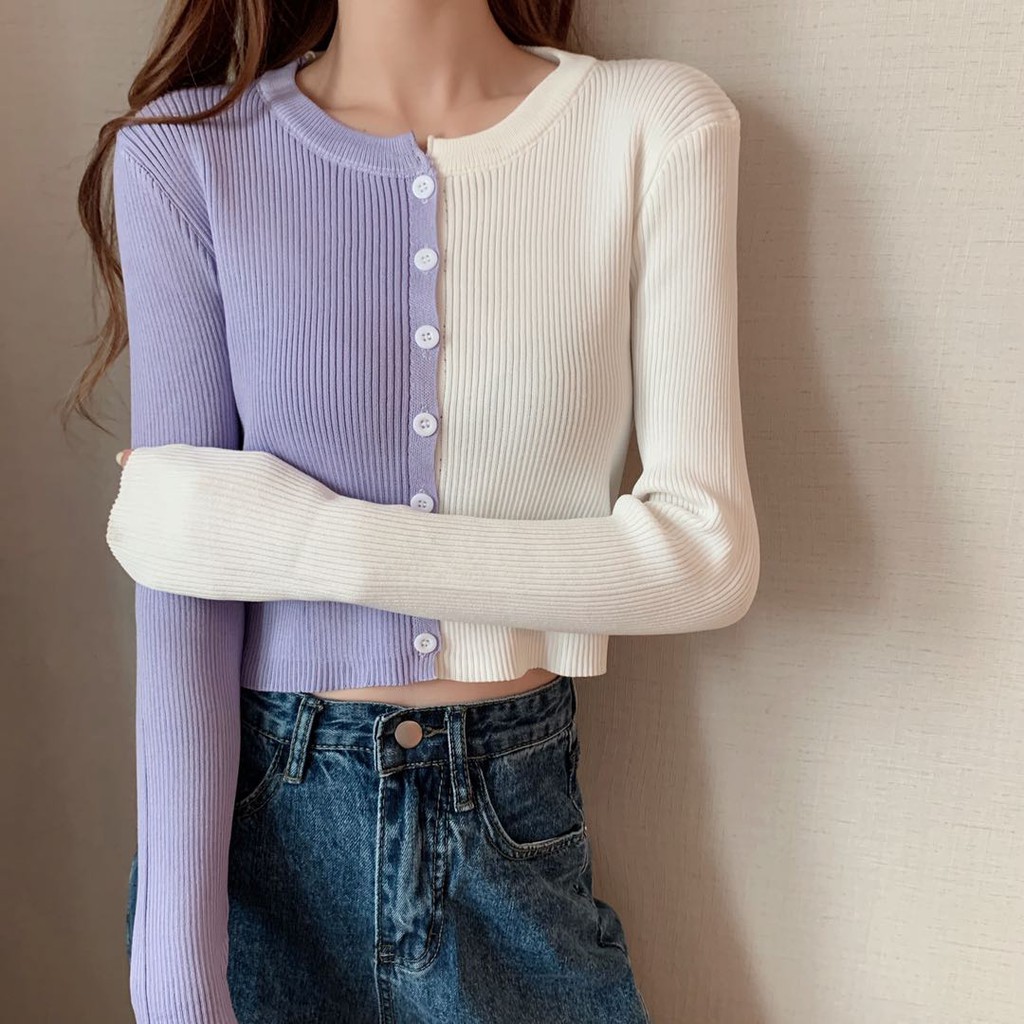 Diskon Terbesar Sweater  wanita  rajut warna kontras jahitan 