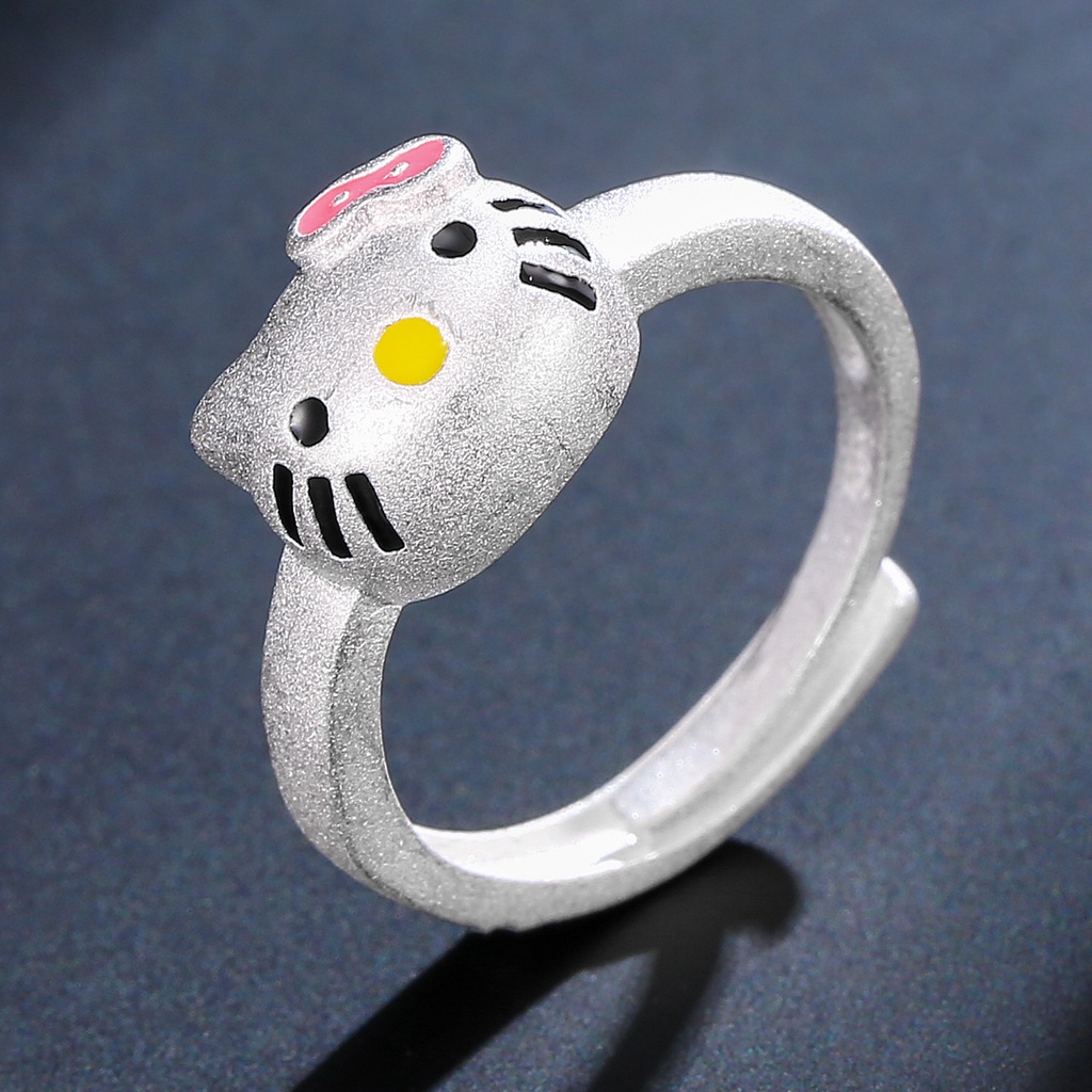 Cincin Model Terbuka Desain Kartun Hello Kitty Bahan Stainless Steel Lapis Silver Untuk Wanita