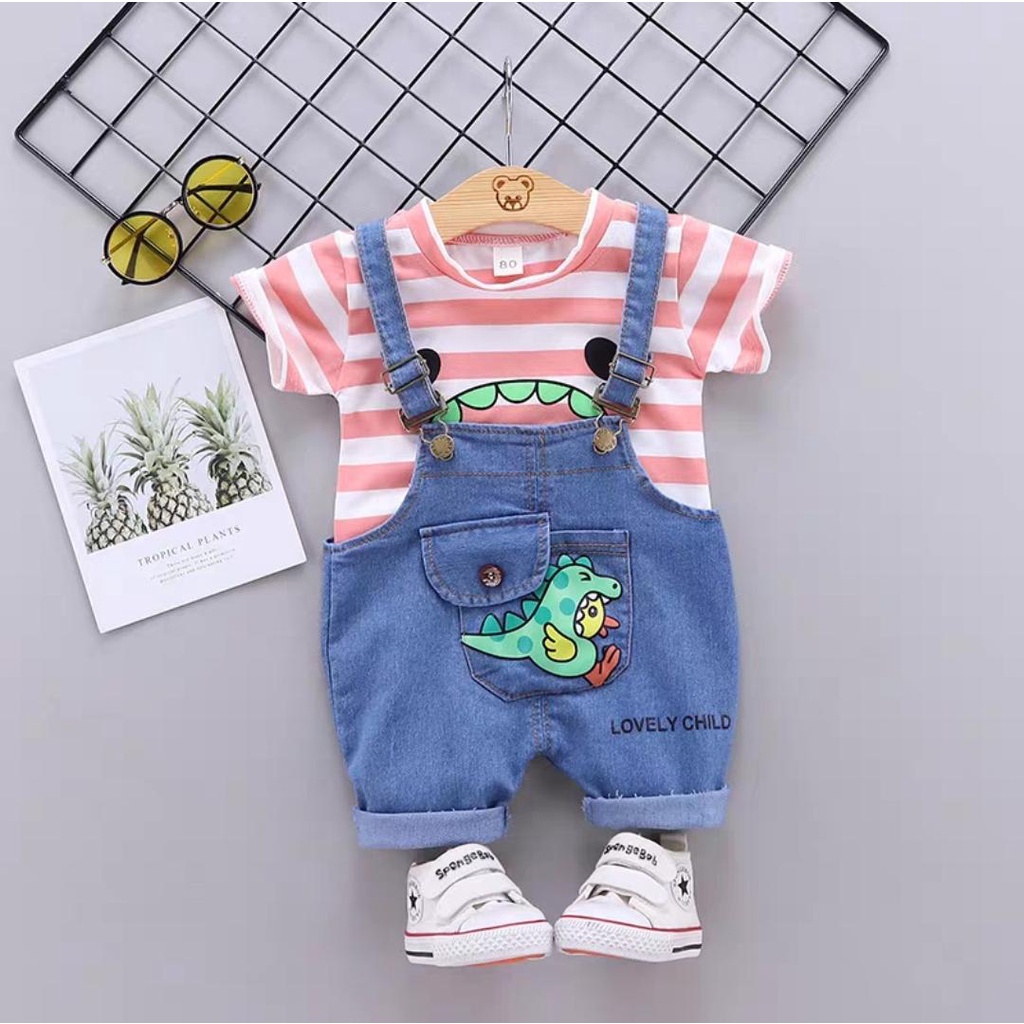 Baju Anak Cowok Motif Dino Import / Baju Overall Anak Laki Import / Setelan Jeans Kodok Setelan Anak