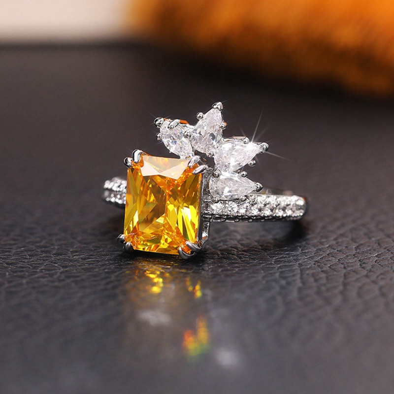 Fancyqube Cincin Cubic Zirconia Bentuk Persegi Warna Kuning Untuk Wanita