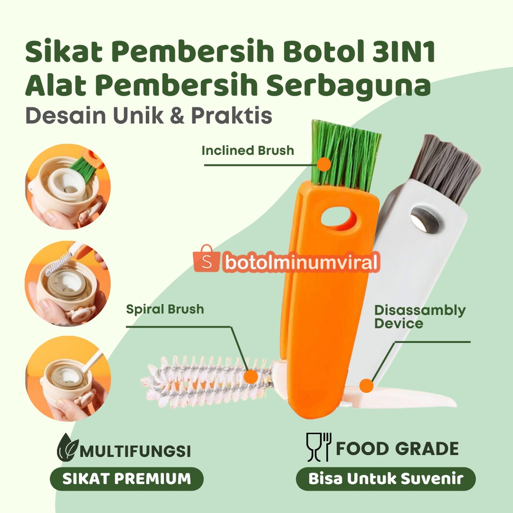 Sikat Cuci Botol 3 in 1 Pembersih Celah Tutup Botol Minum Dot Bayi