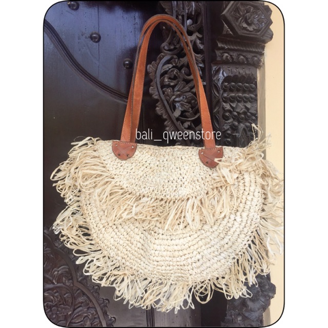 TOTE Bag Gajih Size medium Tali kulit / anyaman gajih rumbai Bag
