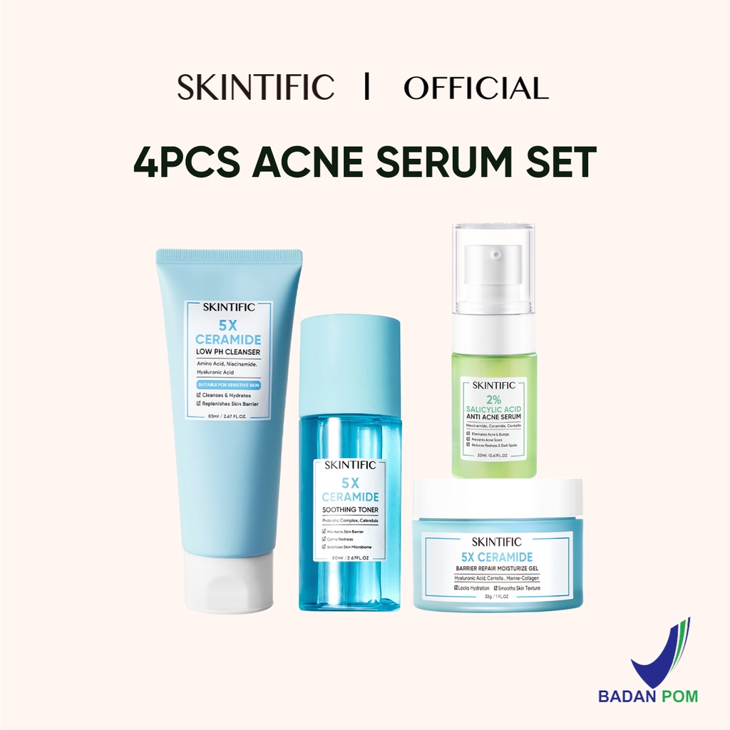 Skintific 4 pcs Paket Skincare with serum - Low pH Cleanser & Barrier Repair Moisture Gel & Exfoliating Toner & Niacinamide Brightening Serum &  Acid Anti Acne Serum &  Soothing Toner & Barrier Rrpair Serum & Hyaluronic Acid Hydrating Serum-acne set