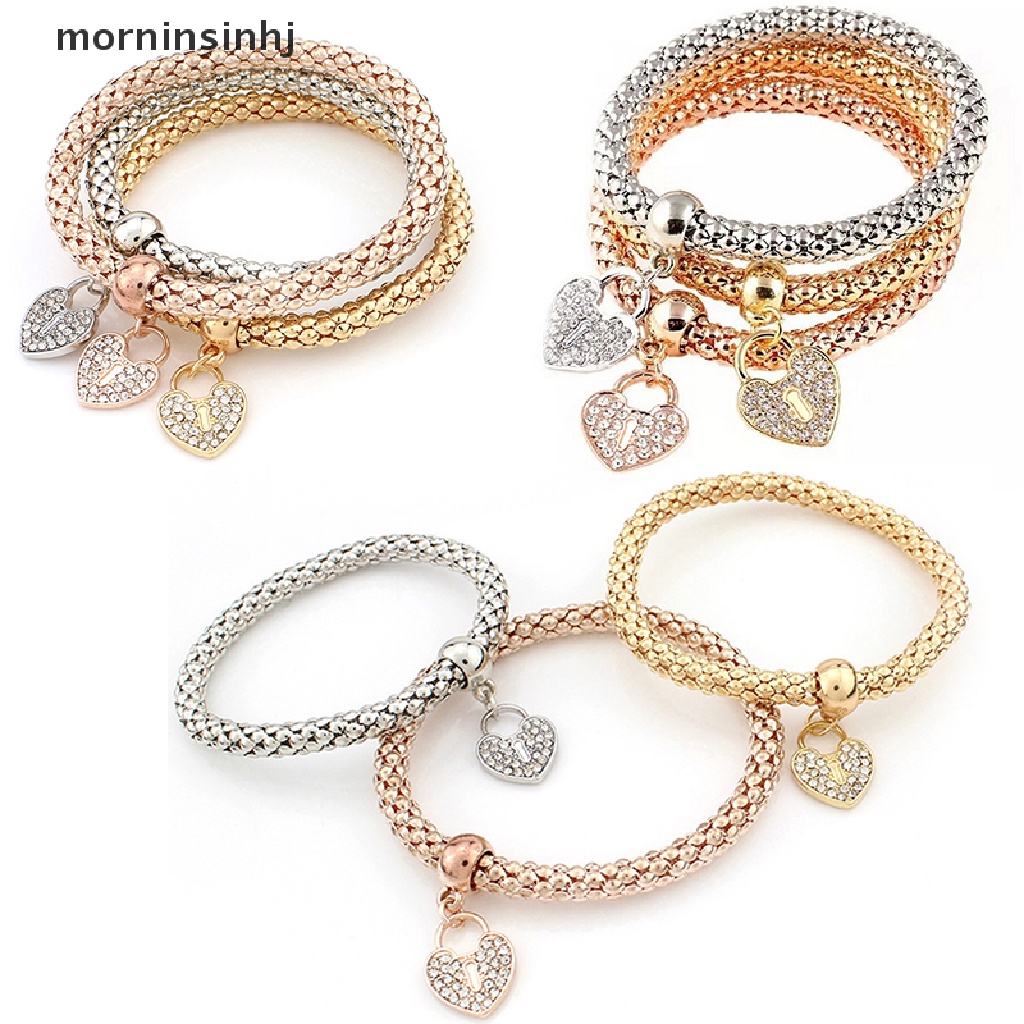 Mornin 3pcsset Gelang Bangle Elastis Dengan Charm Hati Aksen Berlian Imitasi Untuk Wanita