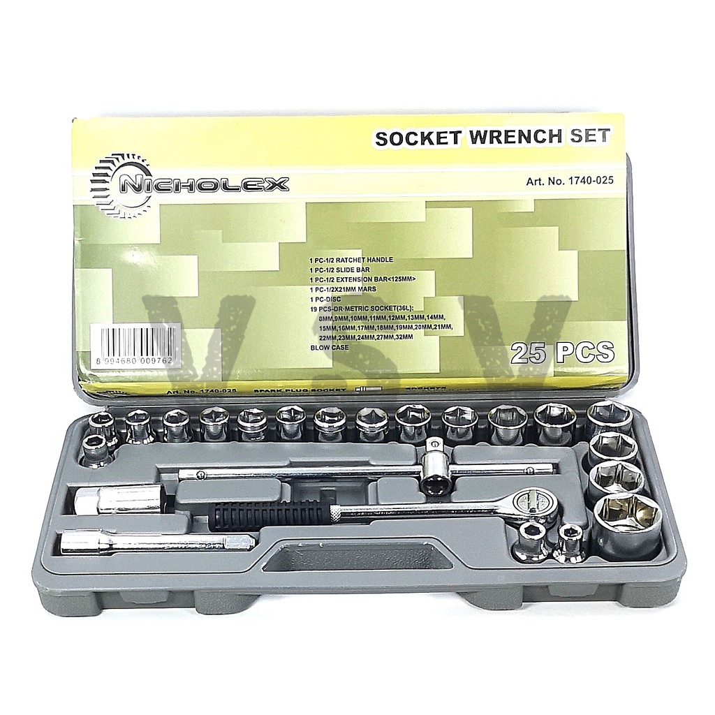 Nicholex kunci sok set 25pcs 8-32mm 1740-025 socket set 1/2&quot;