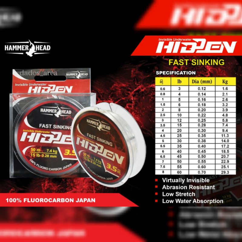 Shock Leader Hammerhead HIDDEN FC 50M 100% Fluorocarbon Fast Sinking