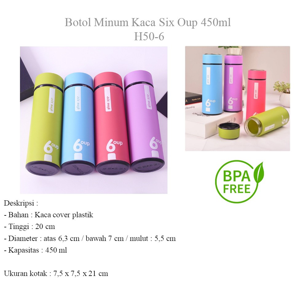 Botol Minum Kaca Six Oup 450ml / Beling cover plastik 6oup logo H50-6