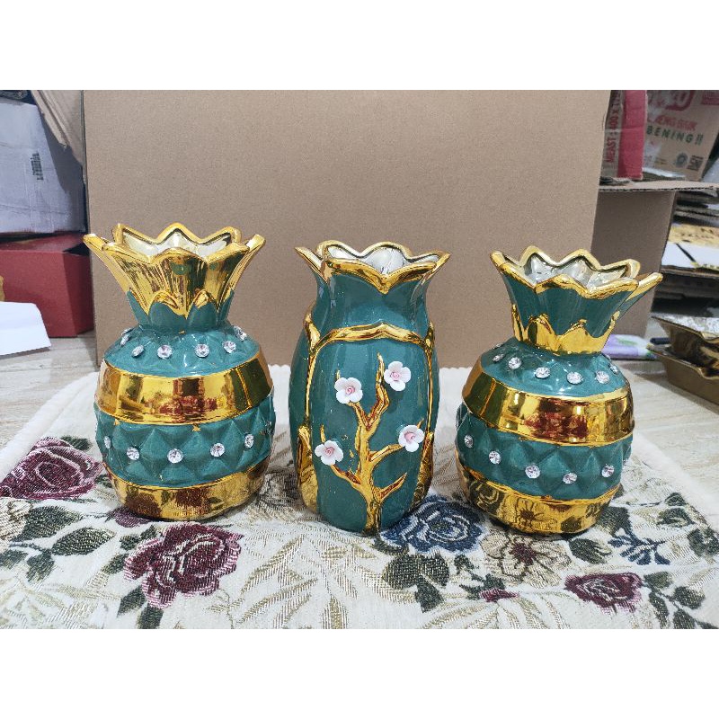 pajangan antik guci vas China set 3 Hijau gold NV01