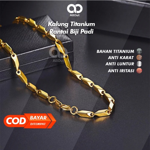 Kalung Pria Wanita Aksesoris Model Motif Rantai Biji Padi Titanium Anti Karat Emas Gold Kuning Cowok