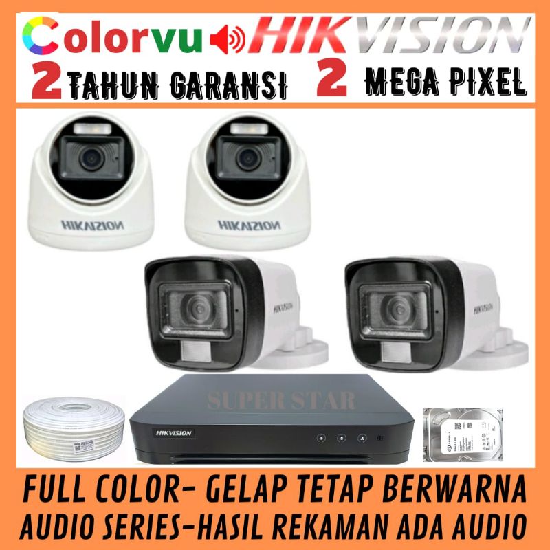 PAKET CCTV COLORVU HIKVISION 4 CHANNEL 4 KAMERA 2MP AUDIO FULL COLOR