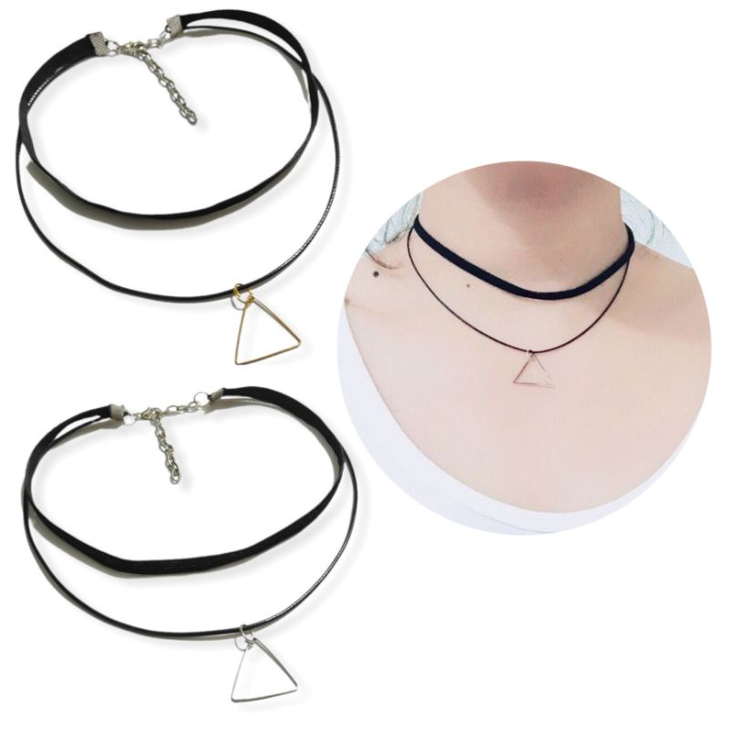 Black Double Layer Triangle Velvet Choker Necklace Kalung Segitiga Multilayer Dua Lapis