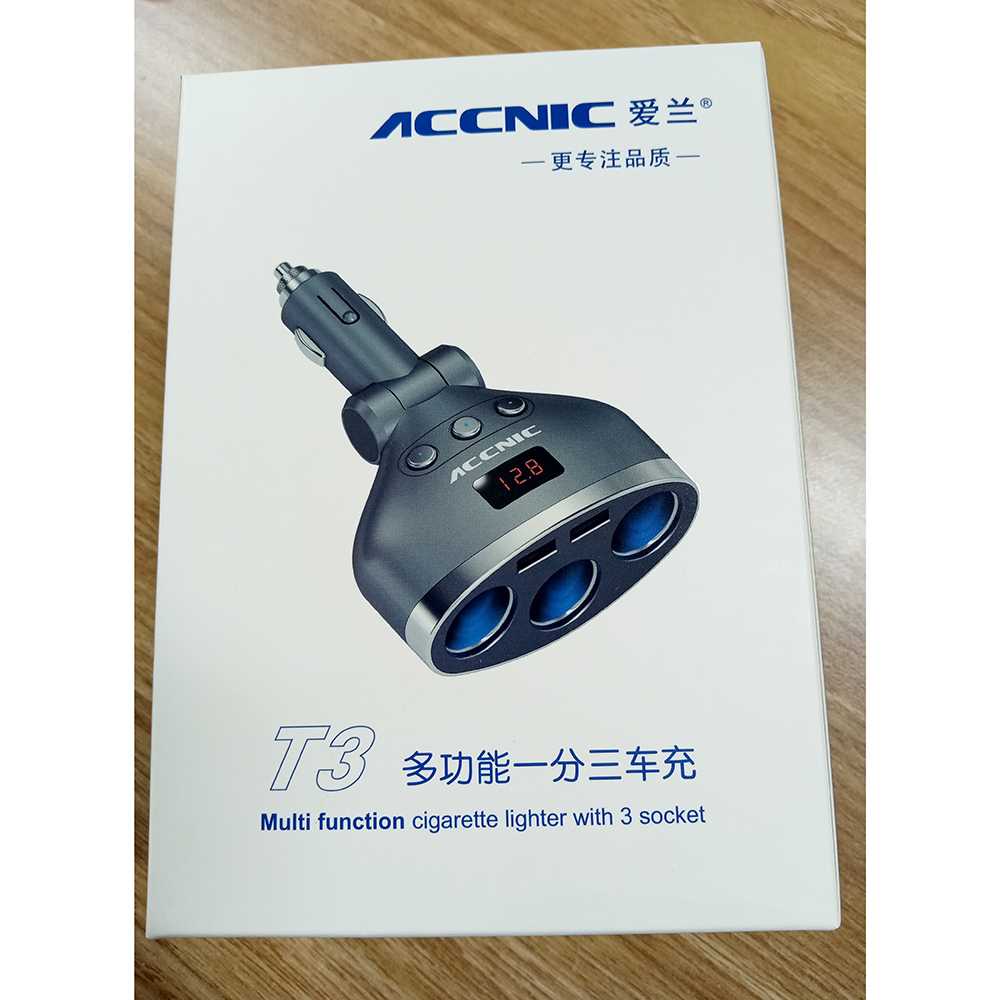 Accnic Car Charger 2 USB Port + 3 Cigarette Plug 3.4A LCD Display - T3-Hitam