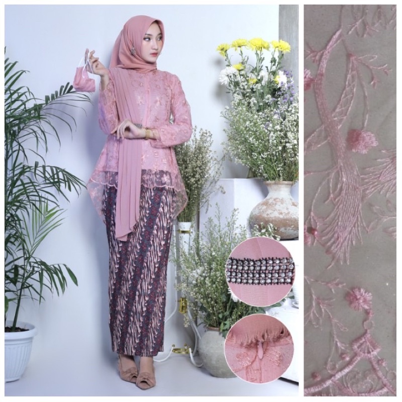 (Realpict) set kebaya aira selendang/set kebaya aurora selendang/kebaya modern/blouse Amalia-Set dusty pink