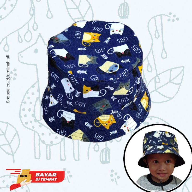 TOPI ANAK 2 SAMPE 6 TAHUN TOPI BUCKET KANVAS PRINTING MOTIF CAT NEW