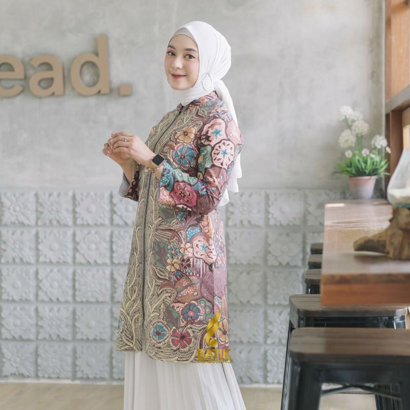 Salsa Batik Prabuseno Tunik Wanita Formal Resleting Depan Busui Seragam Batik Etnik Modern