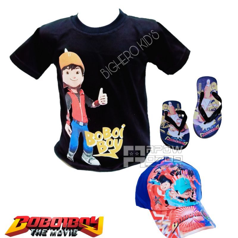 Paket 3in1 Kaos Hoodie anak Boboiboy | free topi Boboiboy dan sandal spon anak