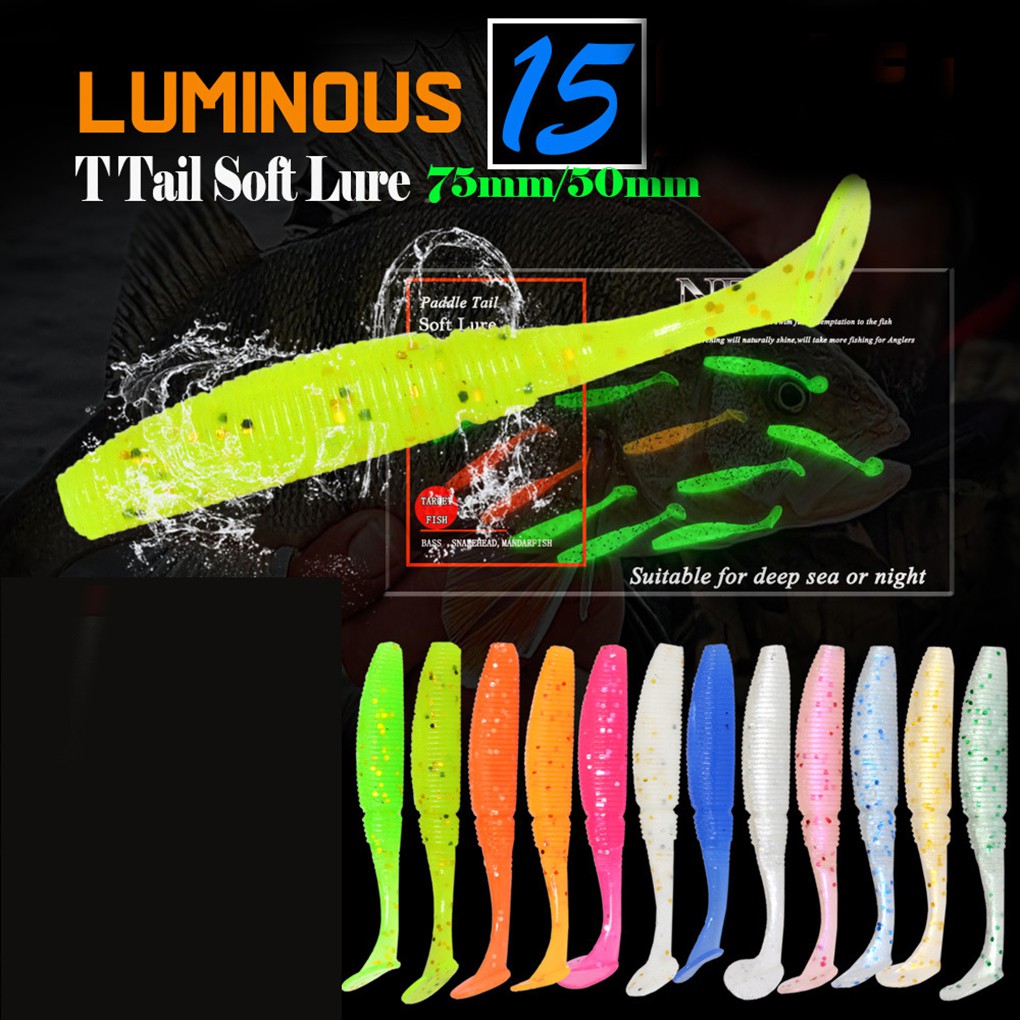 Fish 15pcs/set Luminous Paddle Tail Soft Grubs 50mm 1g Glow T Tail