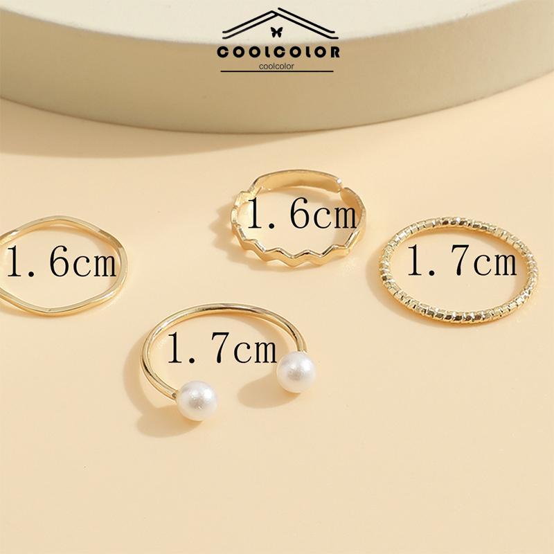 COD❤️4 Pcs/set Korea Cincin Emas Untuk Wanita Sederhana Mutiara Elegan Cincin Set Dapat Disesuaikan Terbuka Perhiasan Hadiah Fashion Aksesoris Murah