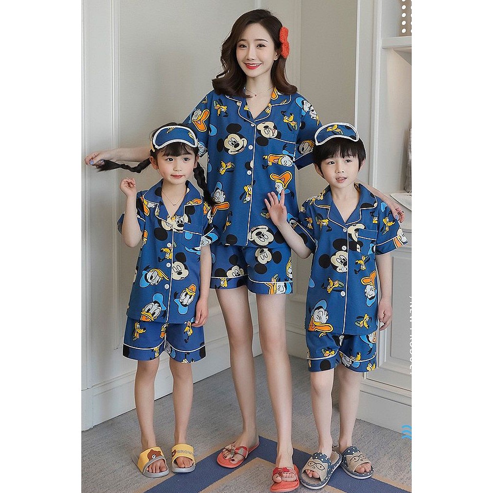 Piyama Couple Ibu dan Anak Import Pendek - Set Baju Tidur Katun Mickey Mouse Biru