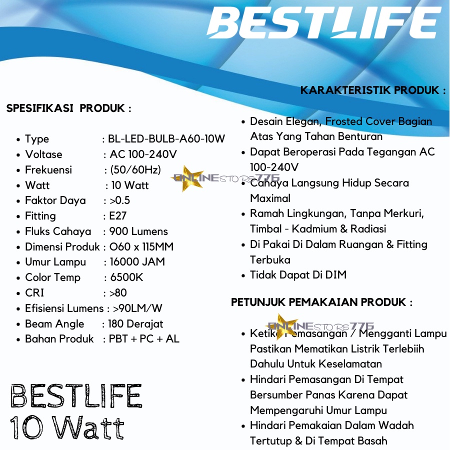 LAMPU BOHLAM LED BESTLIFE 10W / LAMPU LED BESTLIFE 10 WATT / BOHLAM GARANSI 1 TAHUN / CAHAYA PUTIH