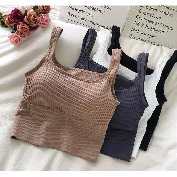 Tank Top Bra Cup Square neck rib knit tanktop korea singlet atasan dalaman rajut-1