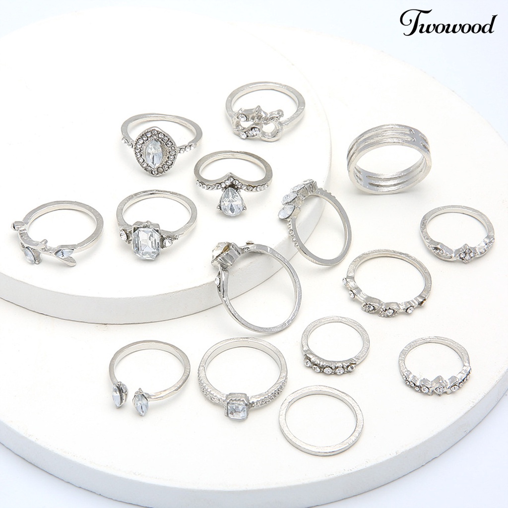 15pcs Cincin Jari Model Hollow Out Warna Silver Untuk Wanita