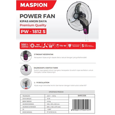 Maspion PW-1812S Power Fan Kipas Angin Daya 18 Inch Low Watt