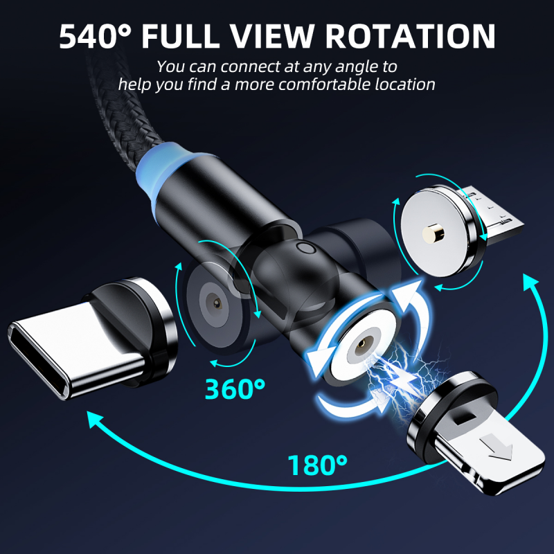 Magnetic Charger Cable 540° Rotating Cable Micro Usb Type C Magnet Charging Cable For Samsung IP Universal Rotation Cable