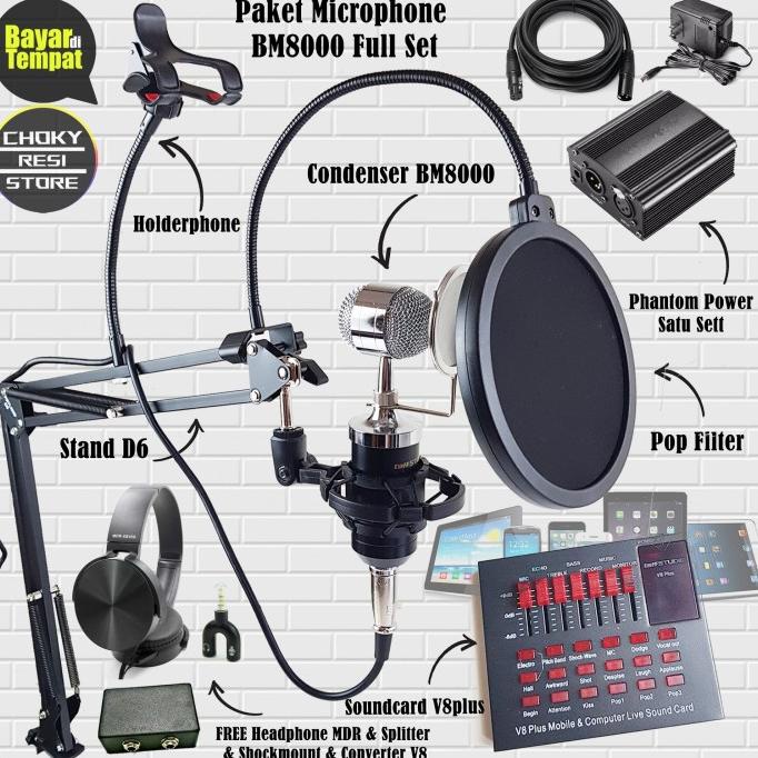 Paket Microphone BM8000 Fullset Soundcard V8plus Phantom Power 48v choky73 Murah