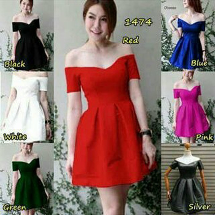 baju wanita / cewe dress gaun model Sabrina bahan Satin impor model elegan untuk kerja pesta kado