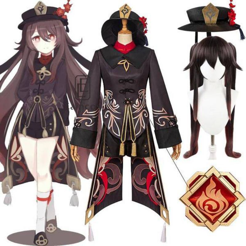  XS Genshin Impact Hutao Cosplay Costume Uniform Wig Cosplay Hu Tao Hat Halloween 