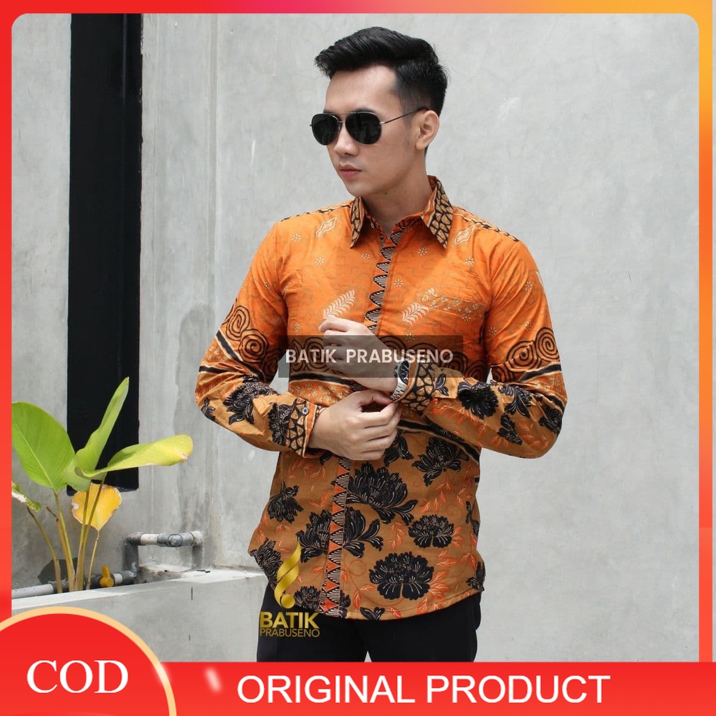 Batik Prabuseno Original 100% Batik Prabuseno - WANDA OREN Kemeja Batik Pria Lengan Panjang Slim Fit