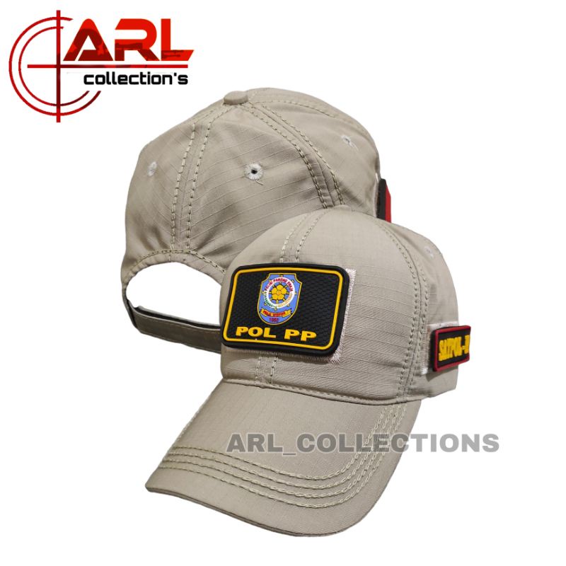 RK topi pol pp cream - topi satpol pp plus tiga logo patch rubber - topi bdu pol pp cream