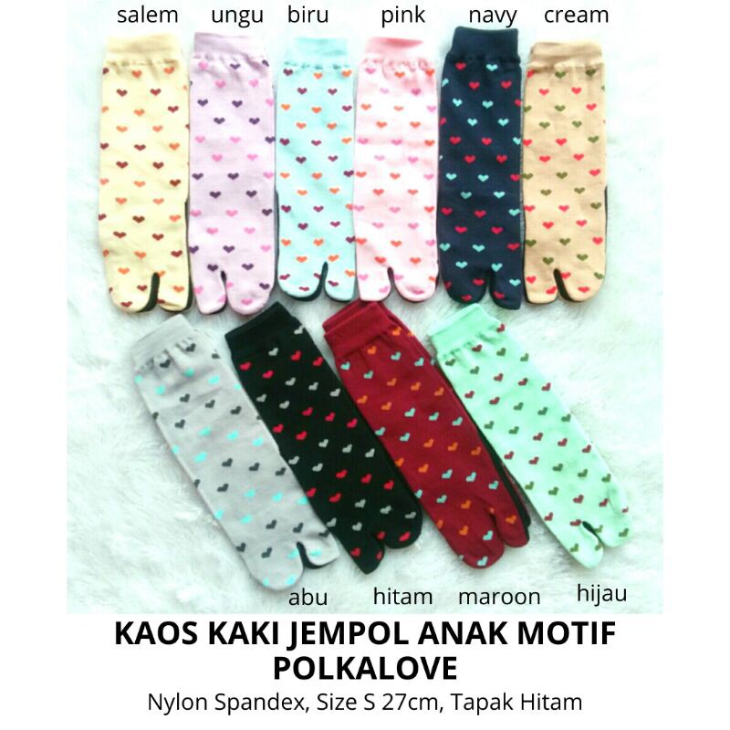 Kaos Kaki Jempol Anak Perempuan Motif Polkalove (Tapak Hitam, Tebal, Nylon Spandex, Usia SD, Murah)