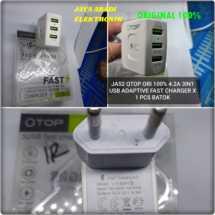 J52 ORIGINAL QTOP KEPALA BATOK 4.2A USB SUPER FAST CHARGING FLASH CAS CASAN ADAPTOR TRAVER ADAPTER CEPAT CHARGE ANDRPIT ANDROIT HANDPHONE ADAPTER TC QC QUALLCOMM UNIVERSAL MULTI ORIGINAL BISA CAS 3 HANDPHONE SEKALIGUS JADI LEBIH PRAKTIS DAN EFESIEN
