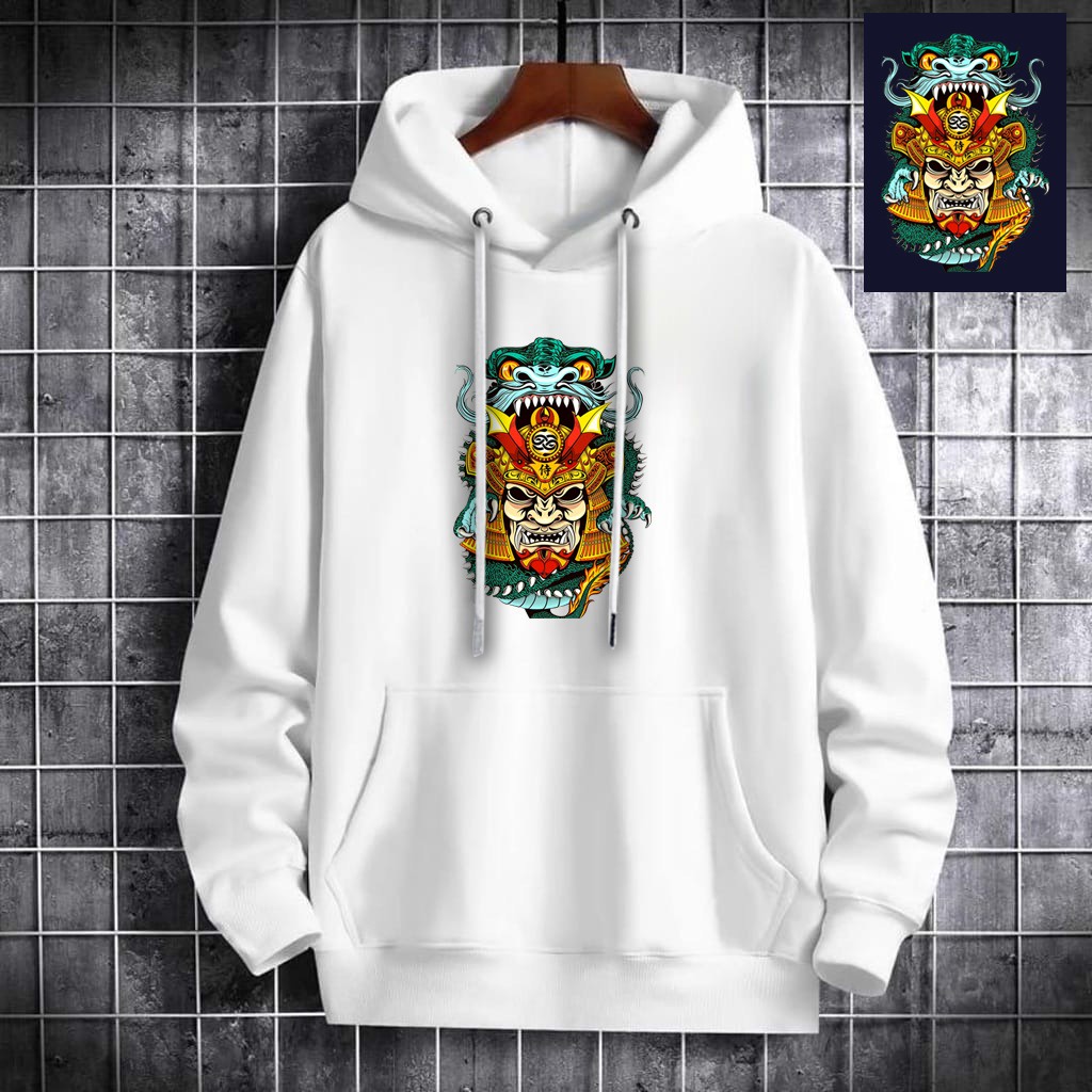 INDOSAN-SWEATER HOODIE GREEN DRAGON SAMURAI-HOODIE DISTRO BAHAN FLEECE MOTIF GAMBAR DTF PRINTING-REAL PICT-BISA COD