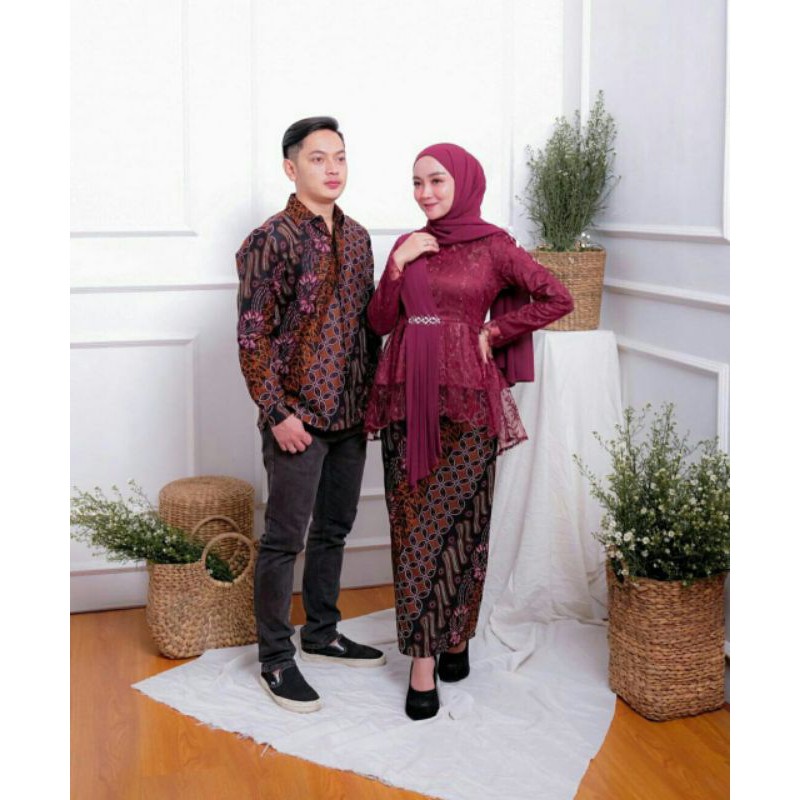 Kebaya Couple Maura Couple - Sania Ruffle Batik Couple Ori Ndoro Jowi DNT Garansi CP Parang Maron