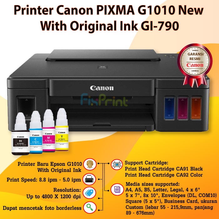 Printer Inkjet Canon PIXMA G1020 / G1010 InkTank system New Original Resmi Penerus G1000 Ink Tank GI-790 790 Infus Pabrik Print Foto Photo Warna