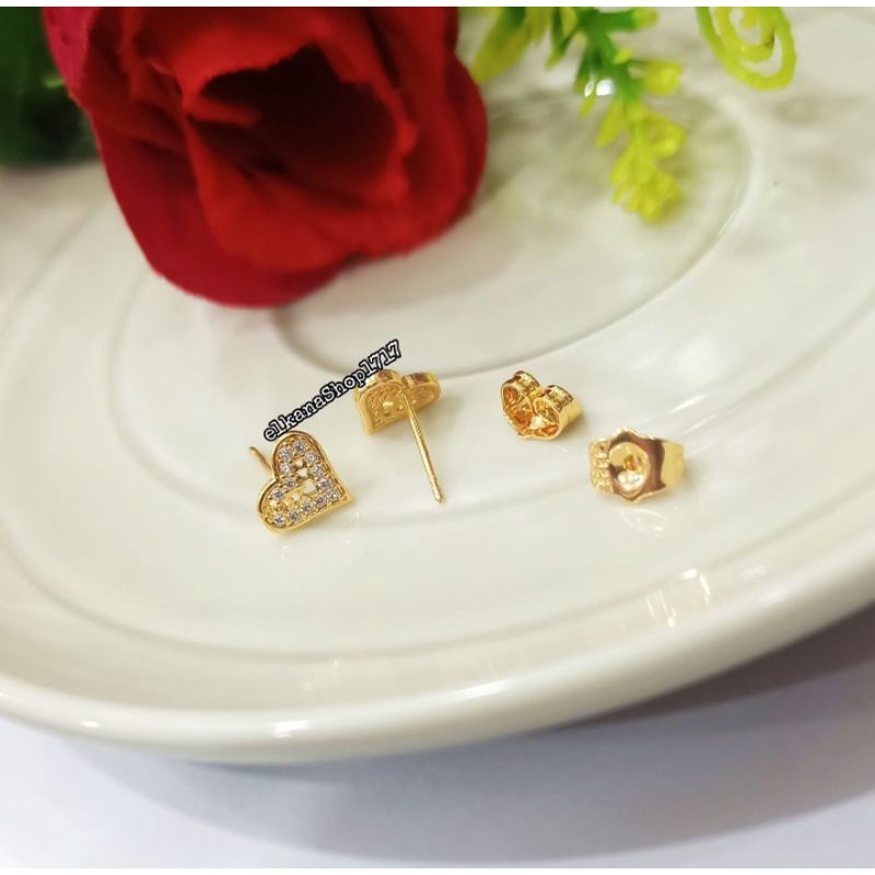 ANTING GIWANG DESAIN LOVE PERMATA ZIRCON ELEGAN ANTI KARAT LOGAM EMAS