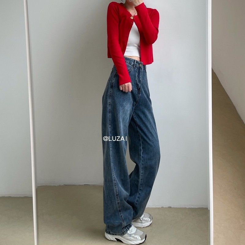 【COD】biru retro korean style high waist lurus celana jeans wanita longgar Import