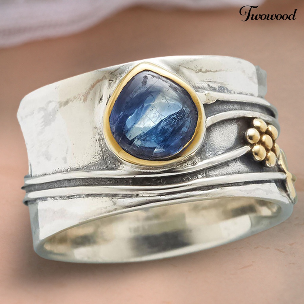 Twowood Two-tone Simple Statement Vintage Ring Blue Faux Gem Leaves Flower Finger Ring Jewelry Accessaries