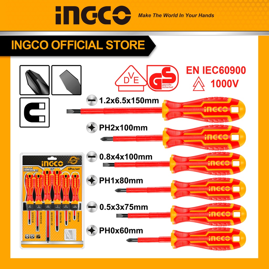 (INGCO) - OBENG ELEKTRIK SET 6 PCS PLUS MINUS INGCO OBENG LISTRIK (Electrical) GAGANG KARET MAGNET I