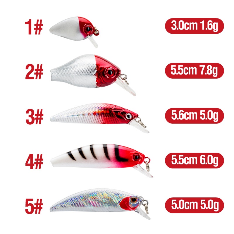 5pcs / Kotak Umpan Pancing Ikan Minnow Mata 3D 1.6g / 7.8g / 5g / 6g / 7g 5 Warna