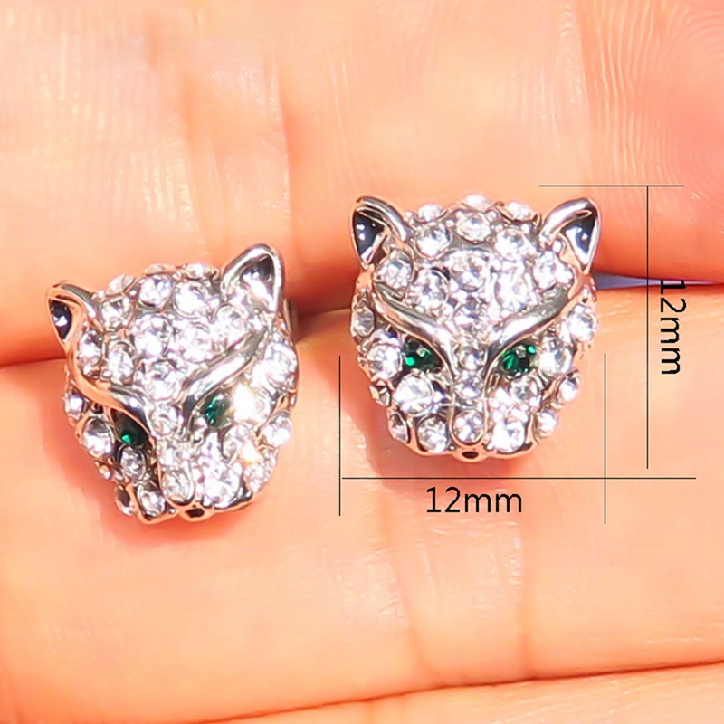 Fancyqube Anting Stud Berlian Imitasi Bentuk Kepala Leopard Warna Silver Gaya Hip Hop Untuk Pria Dan Wanita