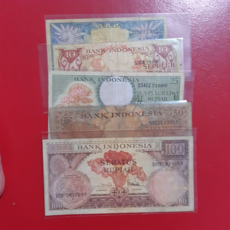 Uang Kertas Kuno Set Seri Bunga 5 Rupiah sampai 100 Rupiah